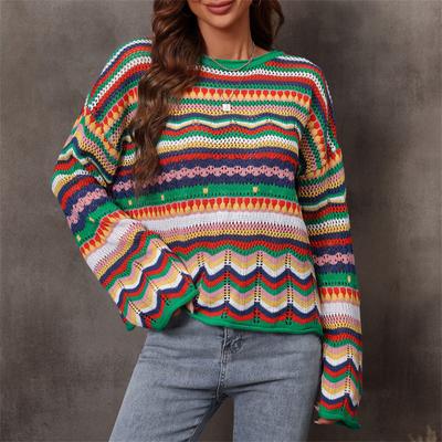 Mode frauen Rundhals Nähte Pullover Lose Regenbogen Streifen Langarm Pullover Top