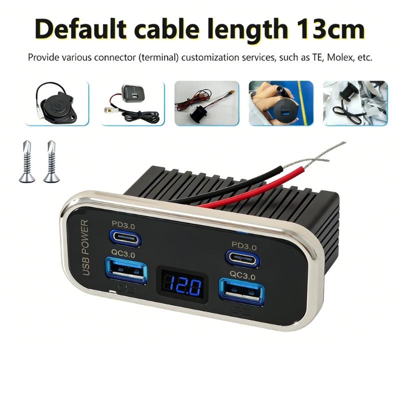USB Outlet Car Charging 4 Ports Double PD QC3.0 Voltmeter Wall Mount Accessories Simple Installs for 12V 24V Cars Trucks