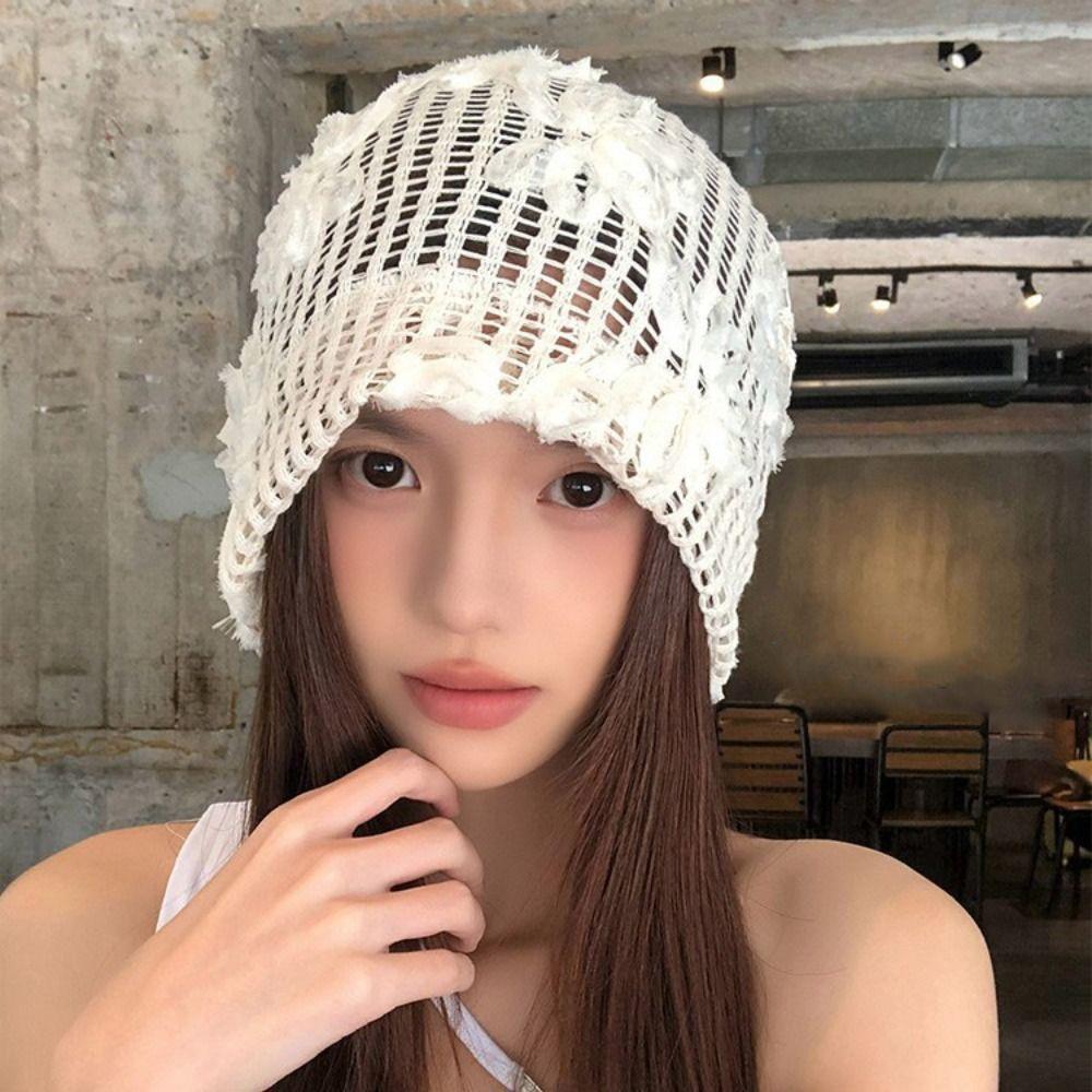 Cute Lace Beanies Hat Handmade Flower Knitted Hat Retro Weave Cap Apparel Accessories
