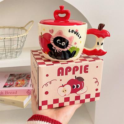 Birthday Gift Apple Cat Mug with Lid Ceramic Cup Breakfast Home Cute Creative Drinking Cup Christmas