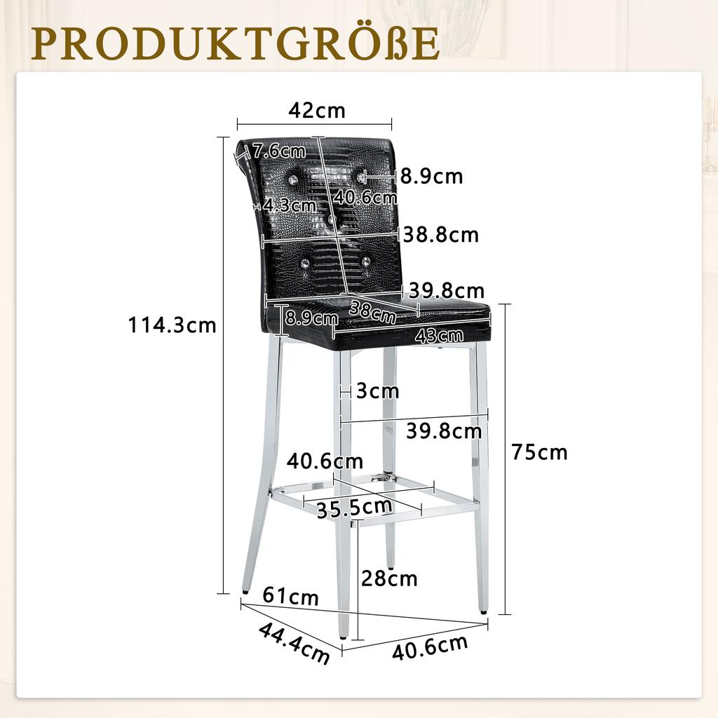 Bar Stools Set of 2, Black Crocodile Leather Look with Crystal Buttons, High-Back Kitchen Stools with Chrome Metal Legs, Kitchen Island Bar Counter
