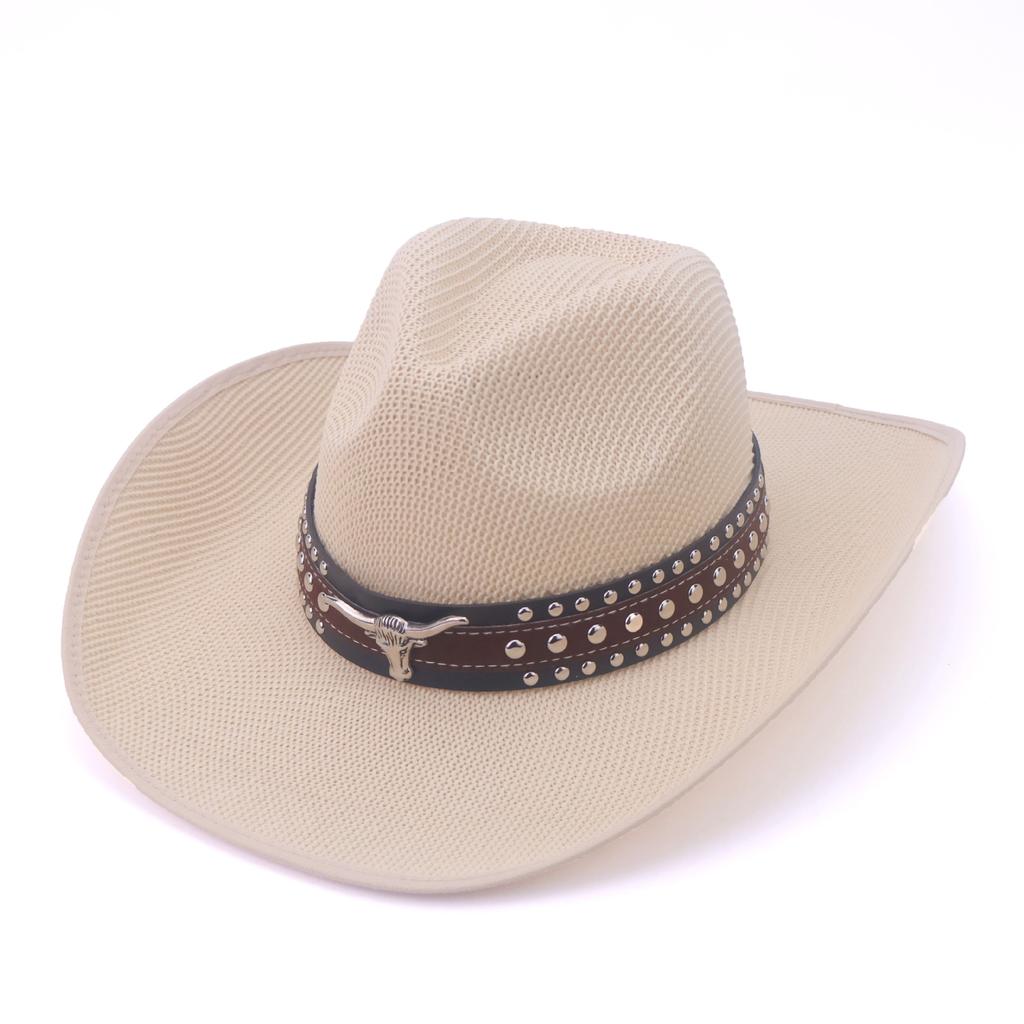 Hot-selling European, American and Western denim straw hat rivet bull head design hard hollow western denim hat