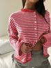 2026 retro contrasting color thin horizontal strip loose coat round neck button knitted cardigan skin-friendly daily versatile coat women