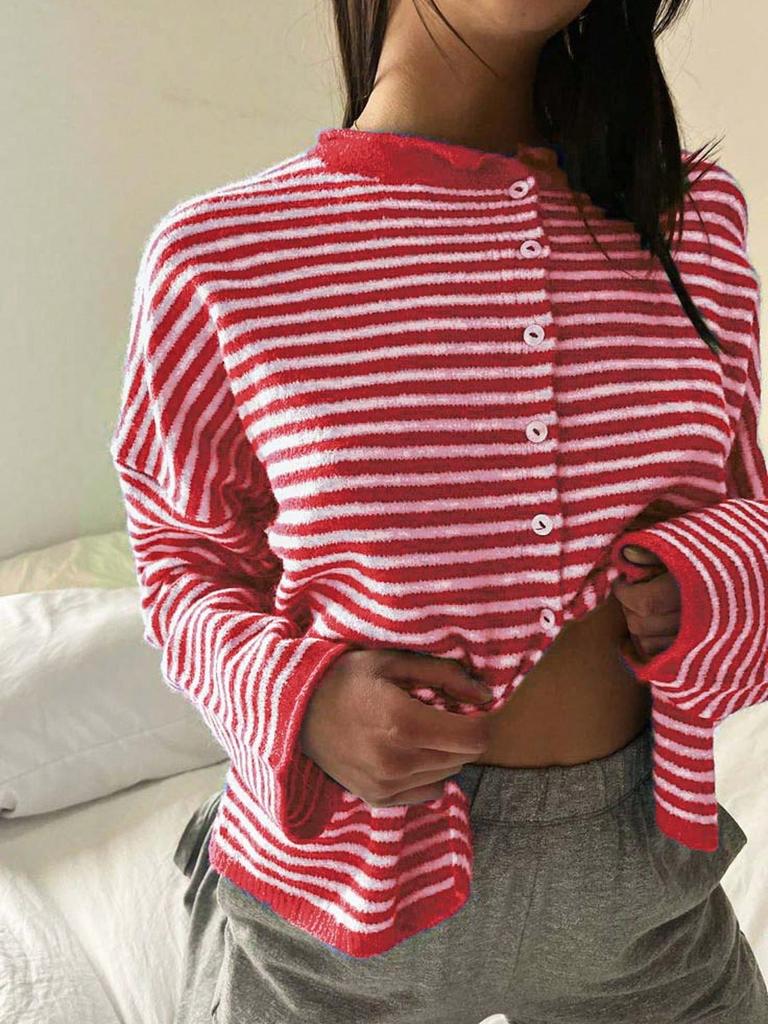 2026 retro contrasting color thin horizontal strip loose coat round neck button knitted cardigan skin-friendly daily versatile coat women