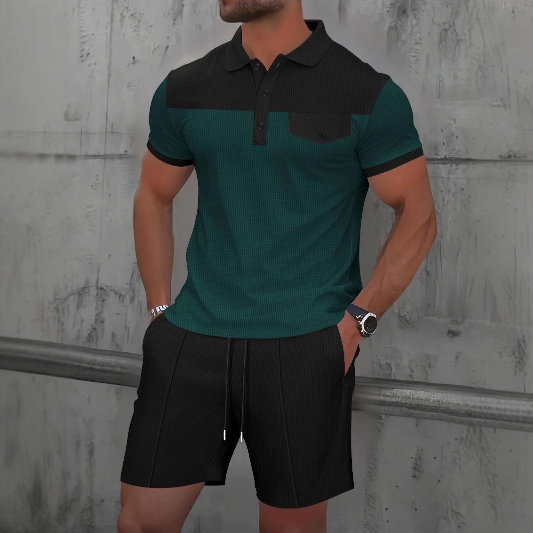 

Мужской летний молодежный вафельный комплект рубашки-поло с коротким рукавом на пуговицах с лацканами, с ложным карманом, приталенного кроя 3XL