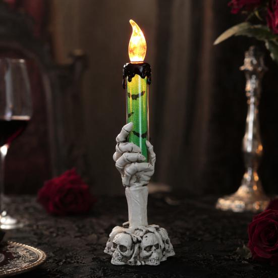 Vintage Style Halloween Ornaments LED Ghost Candle Light, Spooky Hand Lamp Flameless Flickering Lamps Tabletop Decor, Horror Light for Party