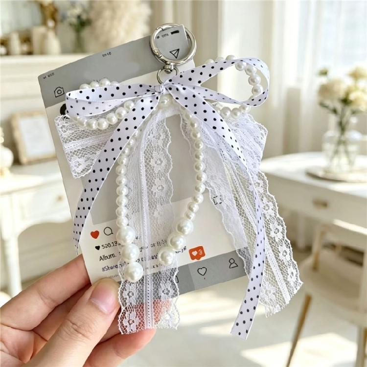 Cute Bowknot Design Keychain Accessory Fabric And Alloy With Pearls Accents Delicate Lace Keyring For Women And Teens