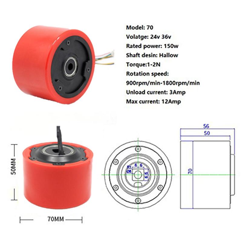 5065 14N12P 3" 70mm 24v-36v 150w Hallow Shaft Hub Motor Wheel hall sensor mini Scooter without Shaft for Electric Skateboard