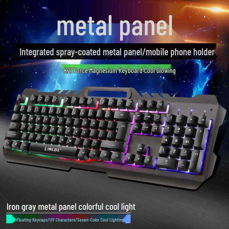 Limei T21 Set de Teclado Metálico Luminoso con Cable y Ratón - Sensación Mecánica Gaming para Escritorio/Portátil