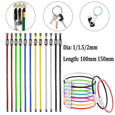 10pcs 10/15/20cm Stainless Steel Keychain Tag Rope Wire Cable Loop Screw Lock Gadget Rings Key Keyring Circle Camp Rope Fittings