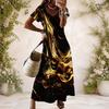 Women Plus Size V Neck Short Sleeve Red Black Striped Printed Long Straight Dress