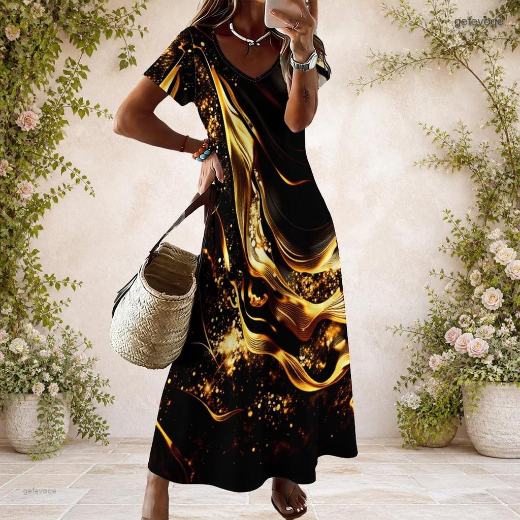 Women Plus Size V Neck Short Sleeve Red Black Striped Printed Long Straight Dress