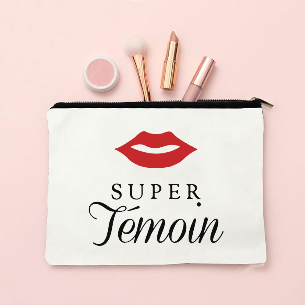 Do You Want To Be My Witness French Print Makeup Bag Female Neceser Toiletry Storage Linen Zipper Bags Wedding Gift for Witness