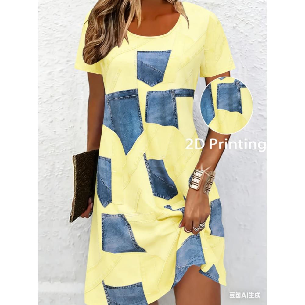 Breathable printed round-neck short-sleeved T-shirt dress
