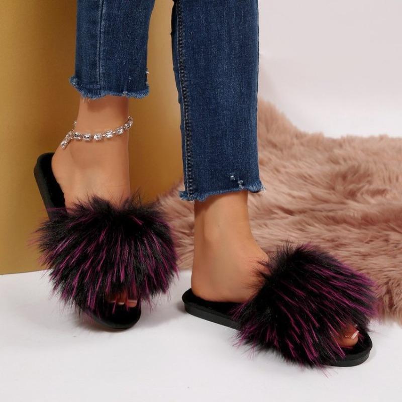 Women's Faux Fox Fur Slide Slippers, Fashionable Plush Indoor/Outdoor Non-Slip Flats