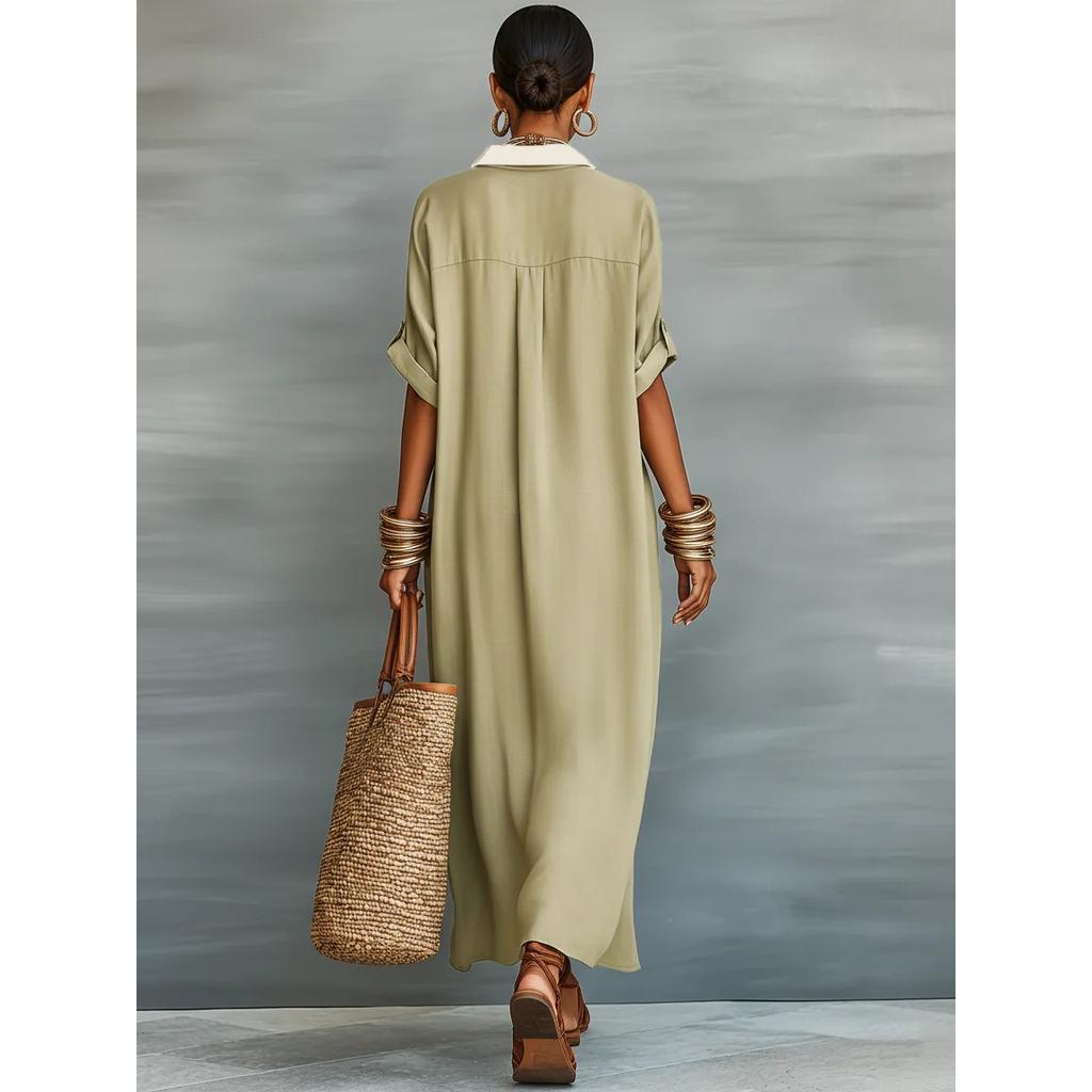 Women's Colour-blocked Loose-fit Long-Sleeve Cotton-Linen Polo Neck Shirt Dress – A Stylish Comfortable and Casual Dress for Women