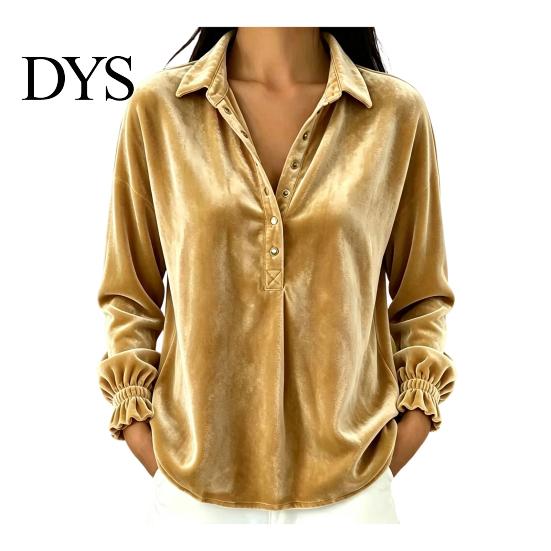 Collared Blouse with Ruffle Cuff Fall Winter Women Velvet Shirt, Half Button-Up Long Sleeve Top Lady Button-up Shirt for Lady, Loose Casual XXL золотистый