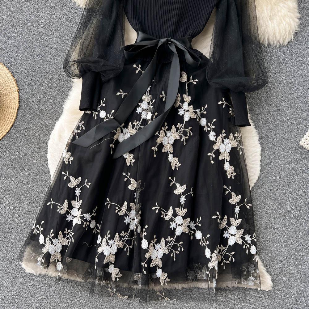 Spring Floral Knitted Long Dress Women Autumn Long Sleeves A Line Patchwork Mesh Embroidery Dresses