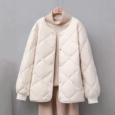 Short Down Jacket Women's Round Neck Winter Small Light and Thin Women's Loose Rhombus Collarless Liner Jacket