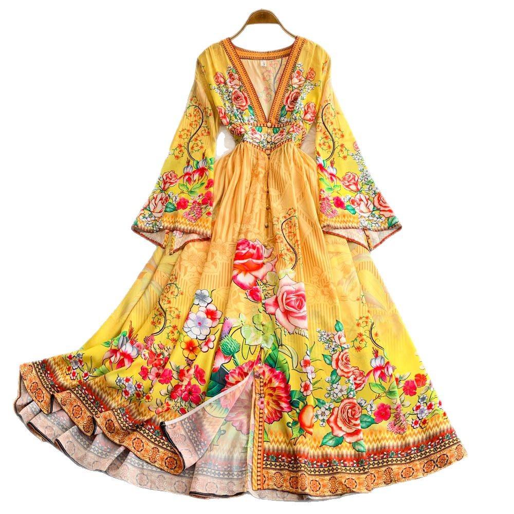 Klänning i resortstil för franska kvinnor Djup V-ringning Inskuren midja Utsvängd ärm Tryckt klänning