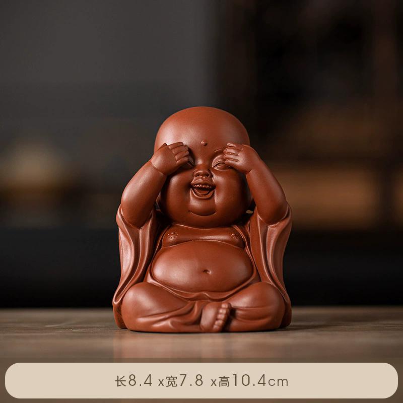 Ceramic Laughing Buddha Statue for Wealth, Three No Evil Maitreya Figurine, Zen Desk Decor for Home Office Entryway Tea Table
