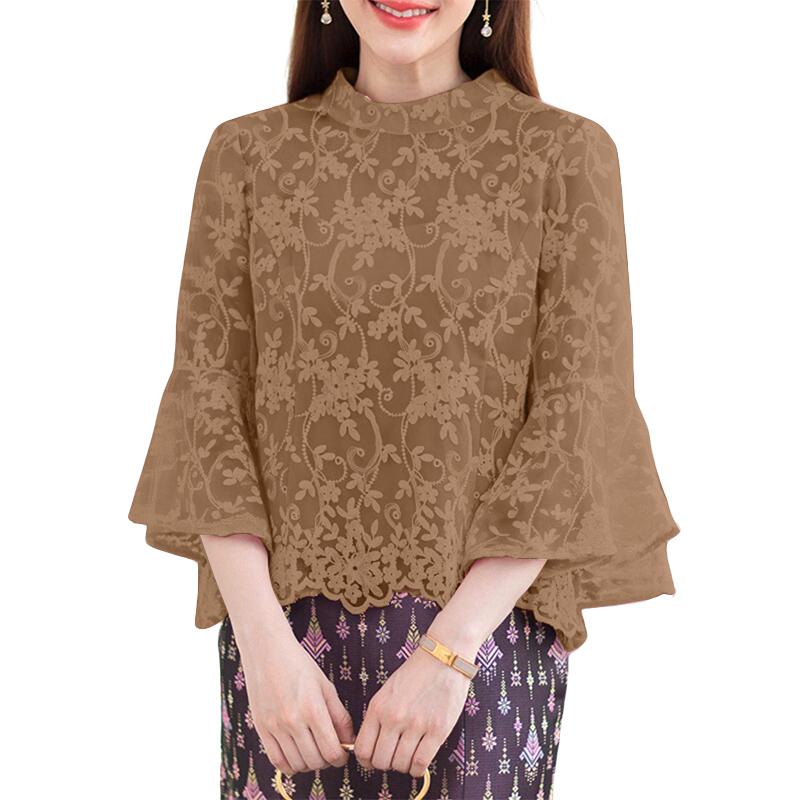 

ZANZEA Женская повседневная блузка с воротником-стойкой, полая вышивка, кружевная вставка, пэчворк 5XL коричневый