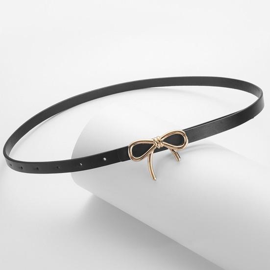 Women Belt Solid Color Metal Bowknot Decorated Imitation Leather Strap Belt Adjustable Holes Slim Waistband