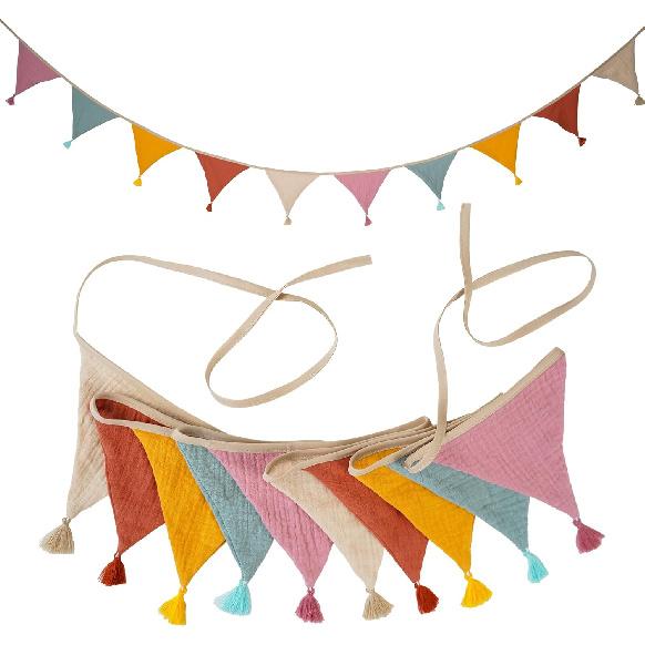 Fabric Bunting Banner, 2 Pack Handmade Neutral String Banner with Tassel Each 8.5 ft 10 Flags Nursery Wall Hanging Wedding Birthday Home Baby Shower