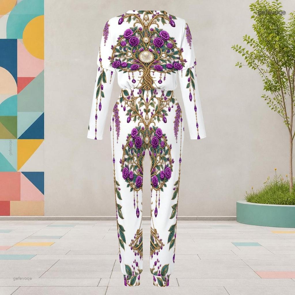 Women Plus Size Black Printed Two Piece Set Round Neck Long Sleeve Cuffed Top Cuffed Pants With Pockets