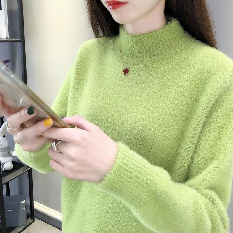 Golfy Jednokolorowe Elastyczne Swetry Casualowe Damskie Jesienno-zimowe Swetry Z Długim Rękawem Sweter Dzianinowy