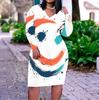 Women Plus Size V Neck Long Sleeve Blue White Tie Dye Printed Fitted Midi Dress