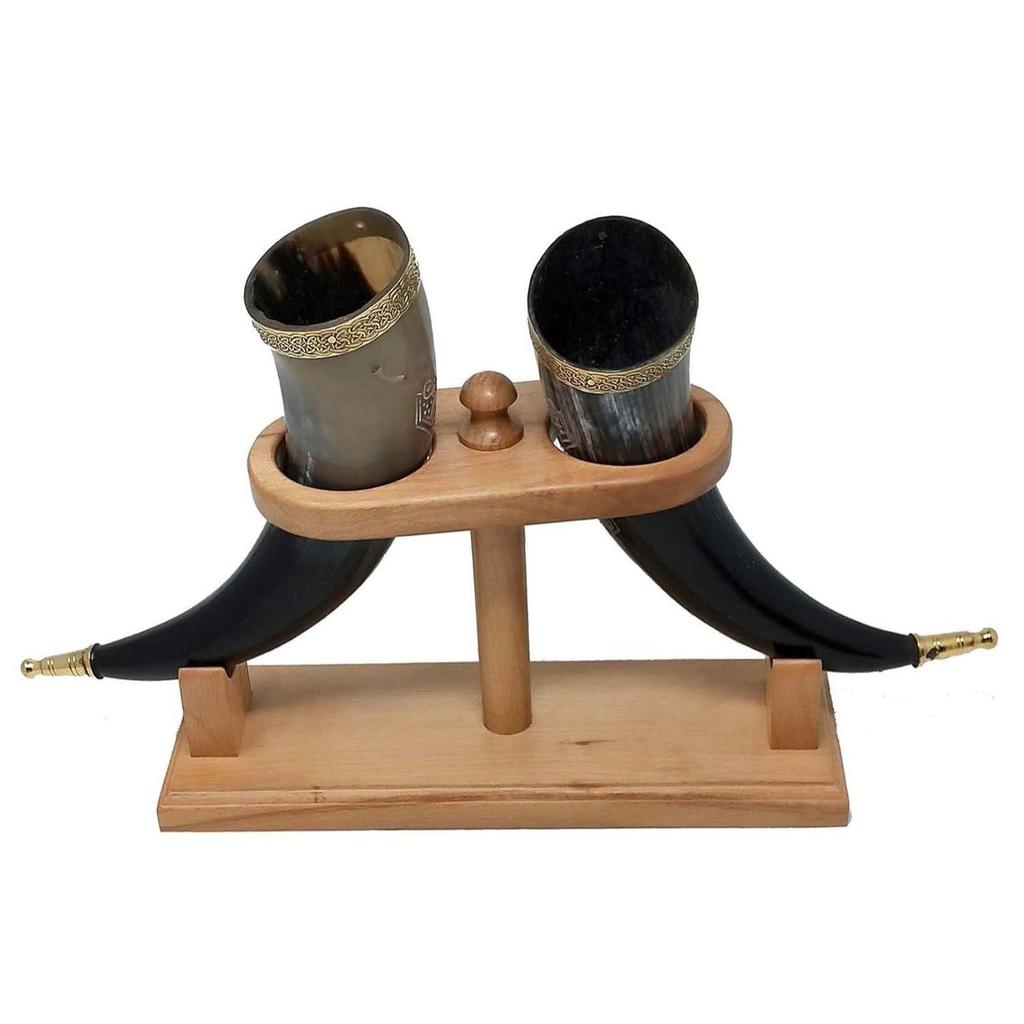 Wikinger Trinkbecher Handgefertigt Natur Ochsenhorn Becher für Ale, Bier, Met, Wein | 12 Zoll | 100% Auslaufsicher | mit Schönem Holzständer (2er Set)
