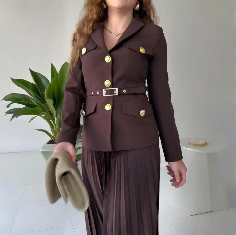 2025 Spring European & American Belted Button Coat with Pleated Skirt Set