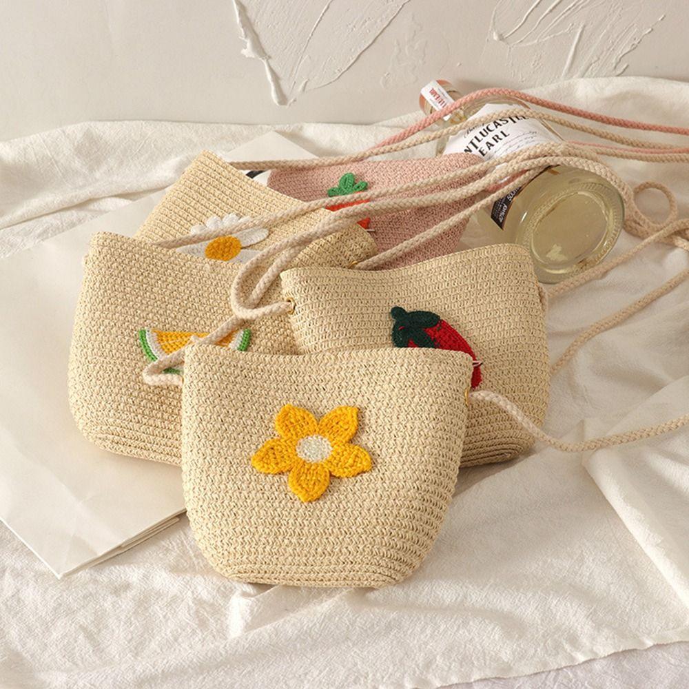 Children's Straw Beach Bag Cute Heart Pattern Shoulder Bag Straw Crossbody Bag Handbag Baby Coin Purse