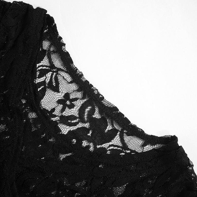 Fashion See Through Lace Round Neck Sexy T-shirt Women Cross Wrapped Chest Flare Sleeve T Shirts Woman Elegant Street Slim Fit Lady Tee Tops 26137