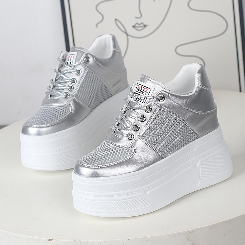 Fashion 12CM Genuine Leather Platform Sneakers Wedge Shoes for Women Breathable Sneakers Casual Shoes Hidden Heel Zapatillas Mujer