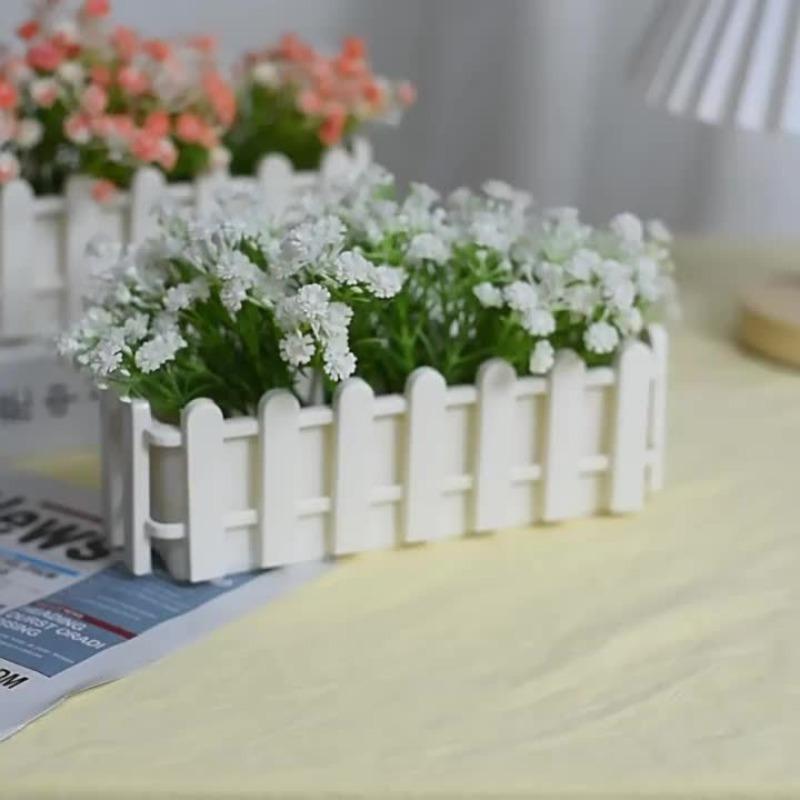 2PCS Artificial Flower Plants - Mixed Color Daisies In Picket Fence Pot for Indoor Office Wedding Home Decor