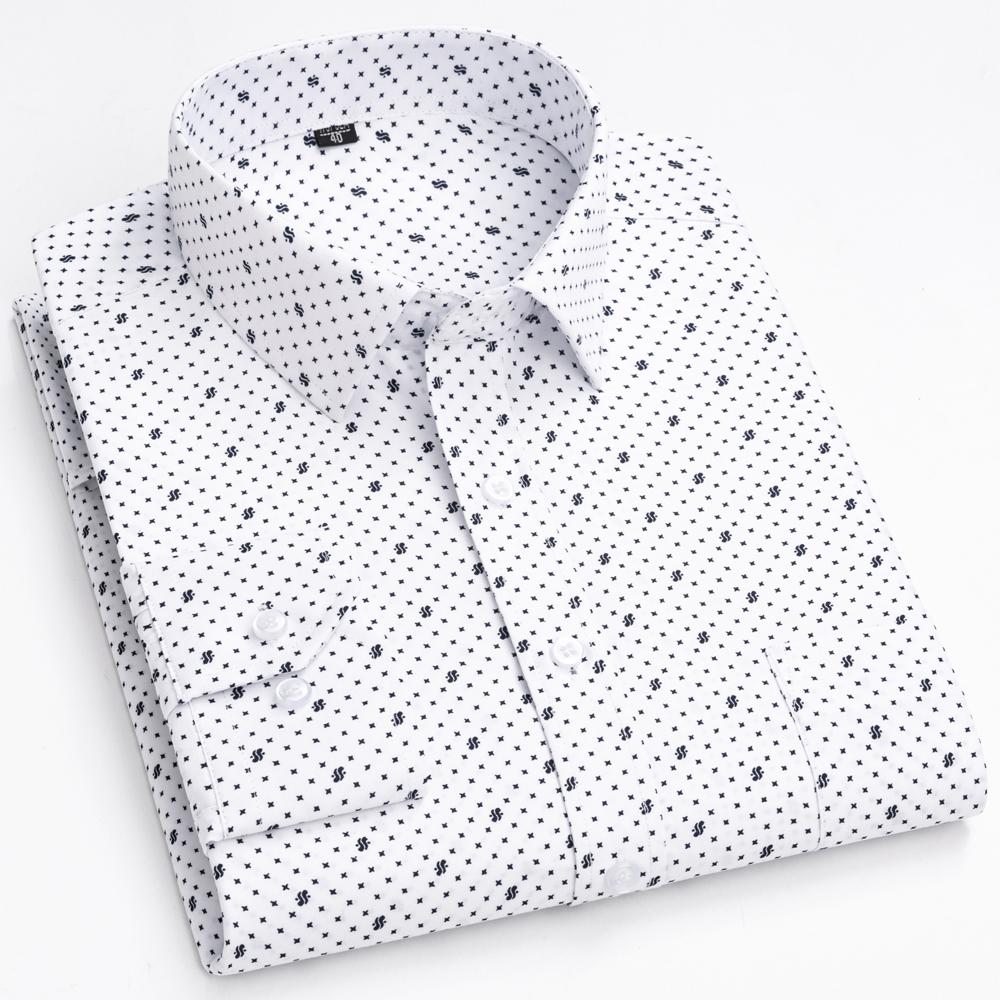 Men's 65% Cotton Long Sleeve Printed Check Dress Shirt Single Patch Pocket Regular-fit Comfortable Versatile Thin Casual Shirts