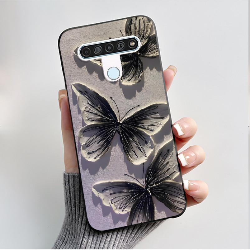 For LG Q61 LM-Q630N Slim Black Soft Silicone Case Luxury Fashion Flower Butterfly Painted Cover for LG K61 Q61 Q 61 Phone Casing