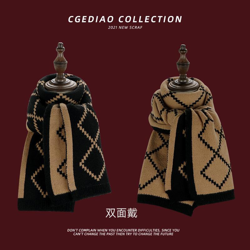 Christmas gift red scarf women's winter plaid versatile warm knitted wool senior sense student scarf