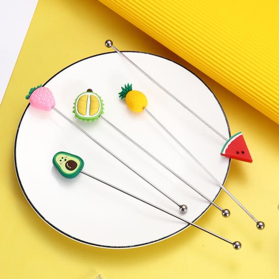Yousheng Cocktail Stir Stick, Stainless Steel Cocktail Mixing Stick, with Durian Pineapple Strawberry Watermelon Rubber Top Decor, Drink Stirrer