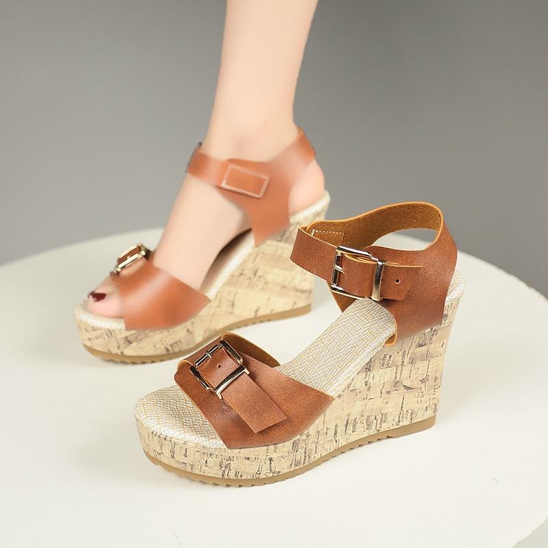 Summer new muffin thick-soled wedge heel women's shoes large size women's one-word buckle fish mouth cool women's shoes