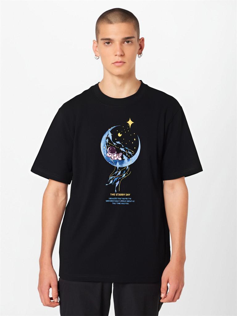 Moon Astronaut Pattern Men's Short Sleeves Cotton T-shirt Large Size Loose Tee