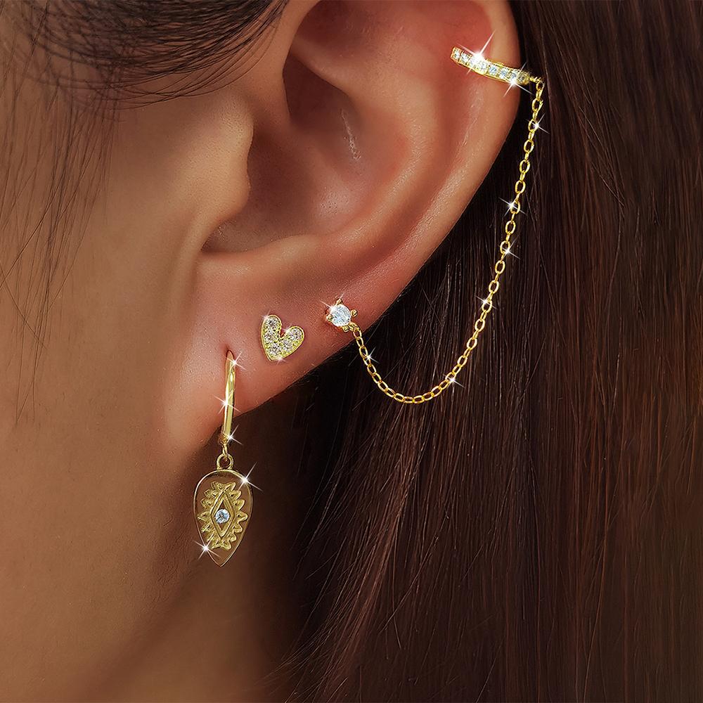Fashion Zircon Eye Leaf Shaped Dangle Earrings Set for Women Stainless Steel Chain Ear Stud Ear Clip Trend Birthday Jewelry Gift