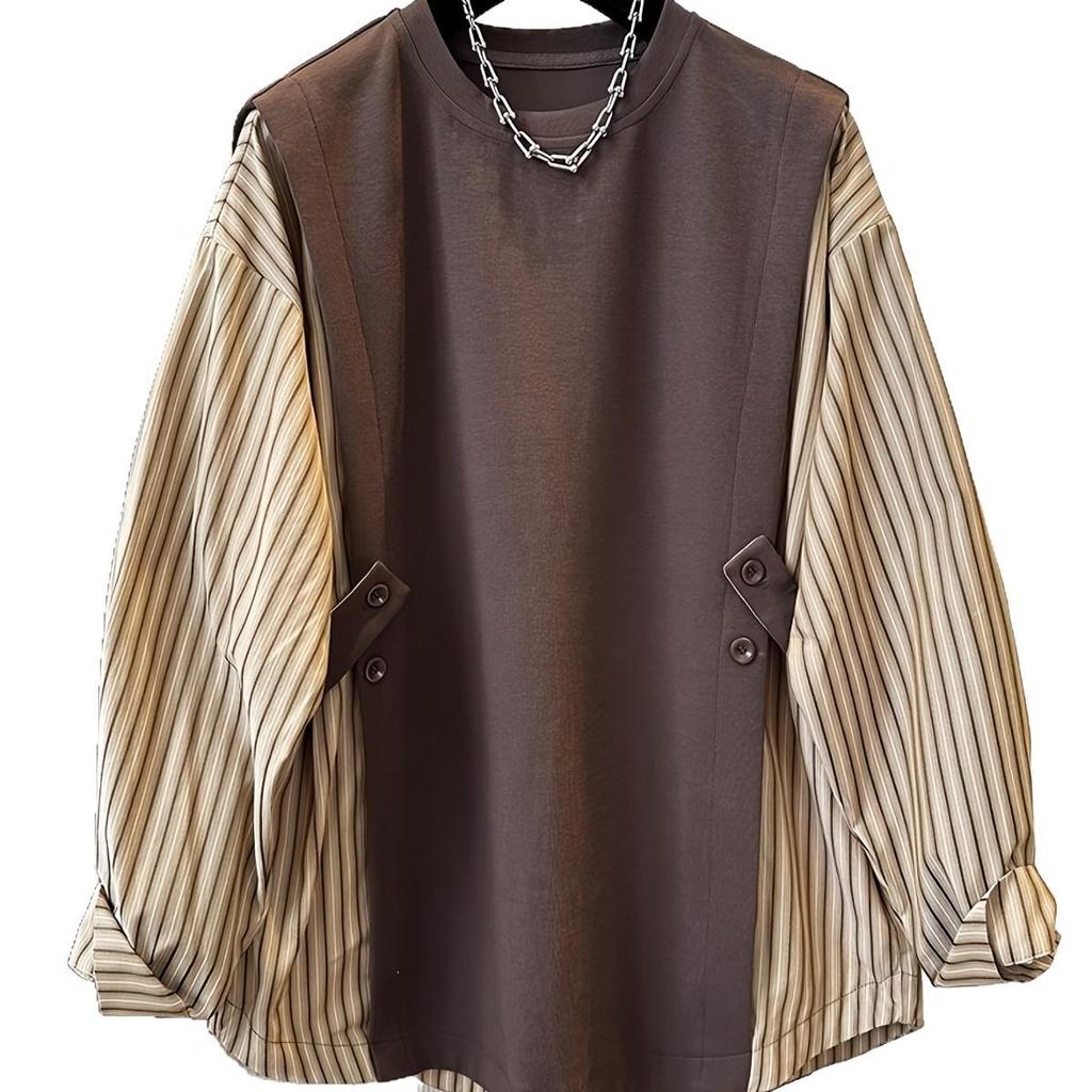 Plus Size Slimming Two-Piece Look Stripe Shirt: Women's Spring/Autumn Round Neck Long Sleeve Top
