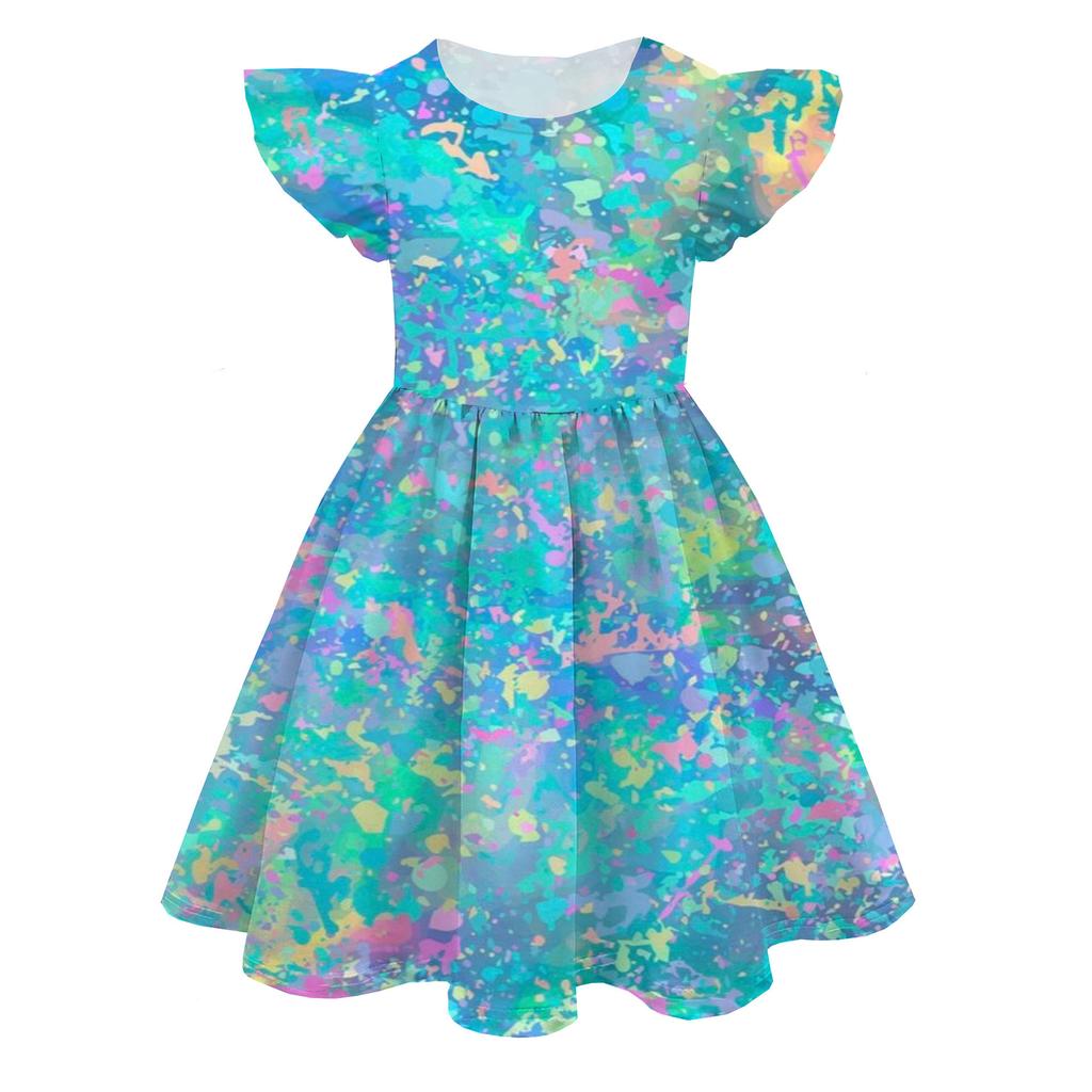 Europäisches und Amerikanisches Feifei-Ärmel Prinzessinnenkleid Farbe Peripherie 3D Digitaldruck Kinder-Milchseidekleid