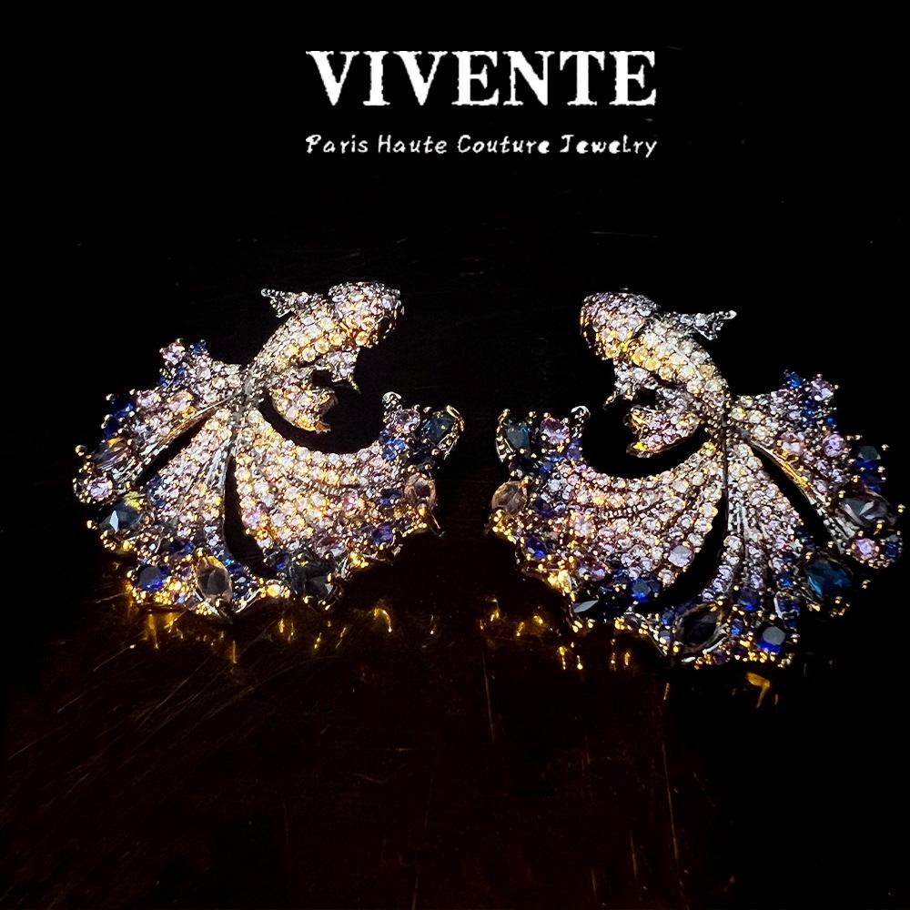 Blue Whale Earrings: Rhodium-Plated S925 with Zircon, High-End Runway Style