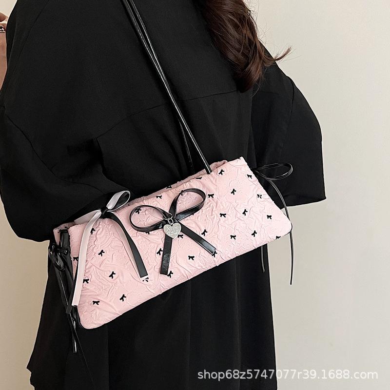Sweet Foreign Style Bow Underarm Bag Women's 2025 New French Niche Baguette Bag Versatile Shoulder Commuter Bag