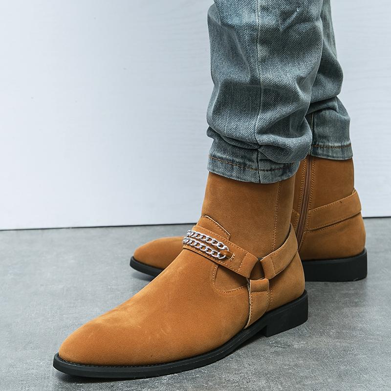 Golden Sapling Punk Shoes Streetlish Chain Decoration Men Chelsea Boots Pointed Toe Flock Leather Male Botas Party Formal Shoe