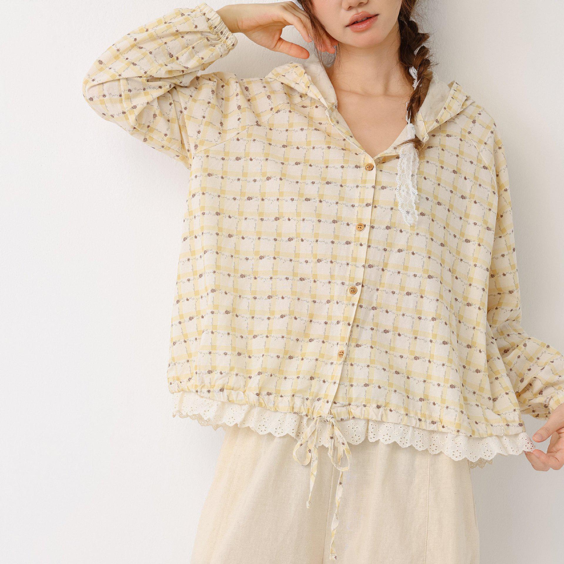 

Cherry Blossom Plaid Hooded Shirt - Spring/Summer 2026 Collection One Size жовтий